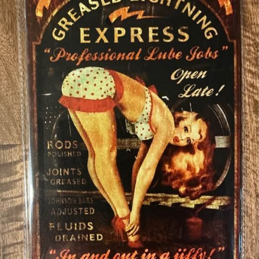 Greased Lightning Express" Retro Pin-Up Metal Sign – Vintage Garage & Bar Decor